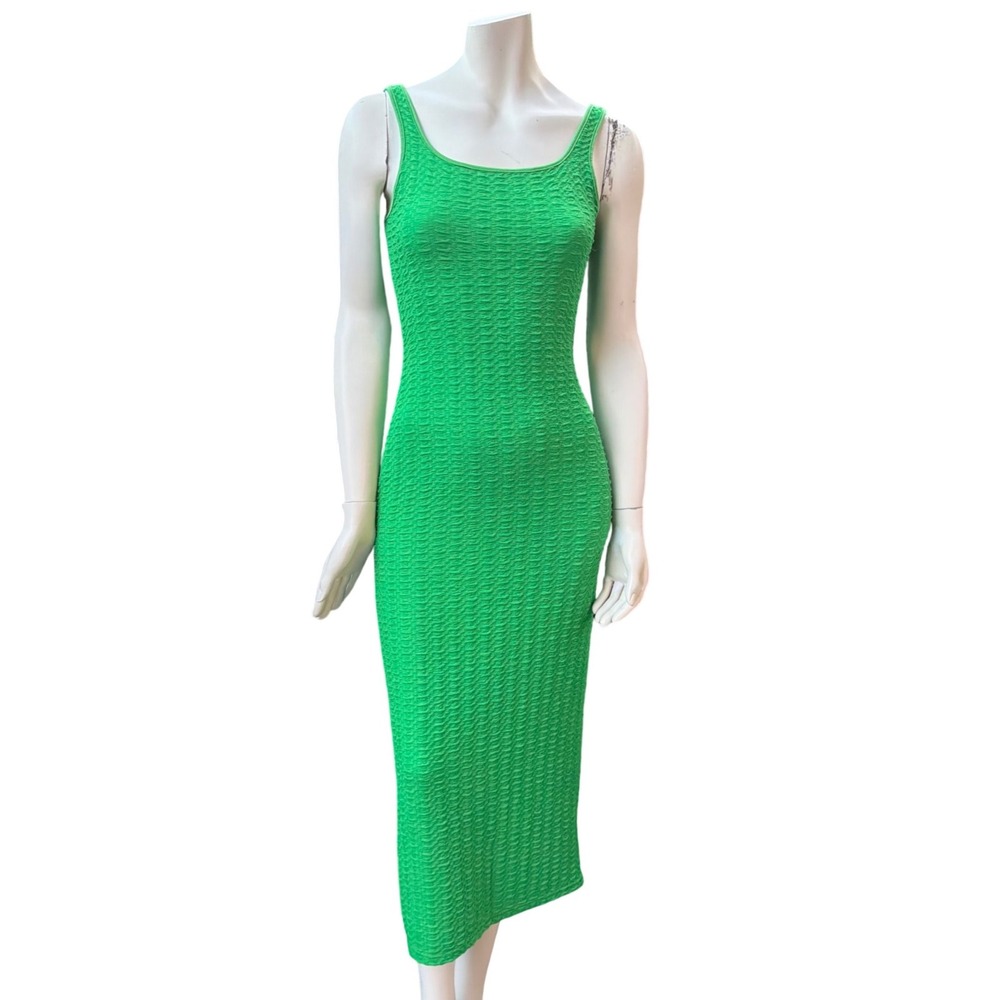 Textured Popcorn Midi Dress Kelly Green Brat Summer Y2K Bodycon S
